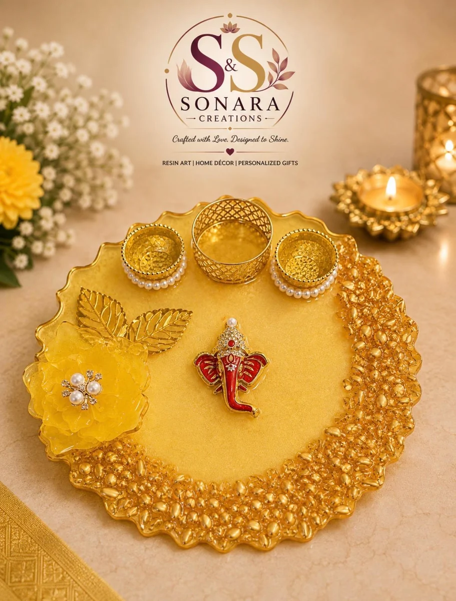 Yellow handcrafted resin puja thali