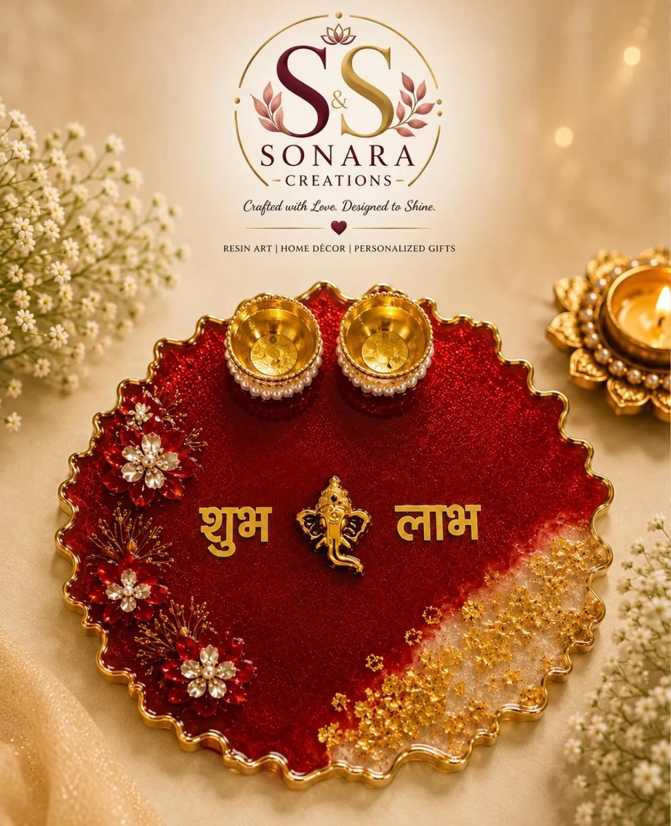 Red and gold handcrafted resin pooja thali